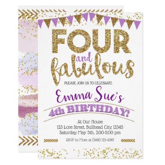 Four and Fabulous Girls Purple 4th Birthday Invitation | Zazzle.co.uk