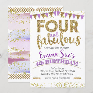 Four and Fabulous Girls Purple 4th Birthday Invitation