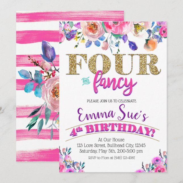 Four and Fancy Girls Floral 4th Birthday  Invitation (Front/Back)