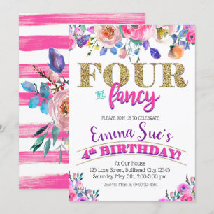 Four and Fancy Girls Floral 4th Birthday  Invitation