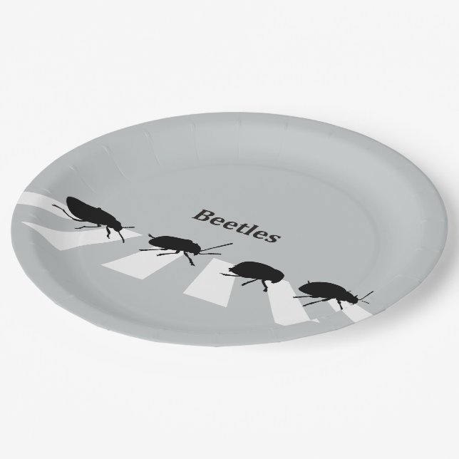 Four beetles walking across a crosswalk in London… Paper Plate (Angled)