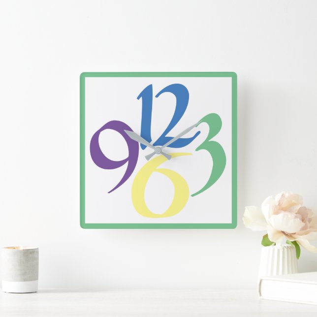 Four big bold and funky numbers, green surround square wall clock (Home)