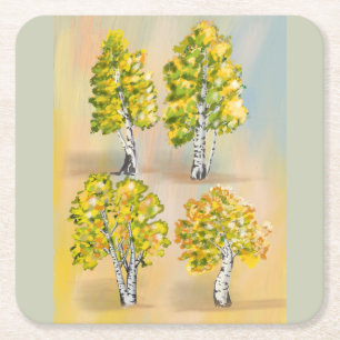 Four birch trees in color, botanical. square paper coaster