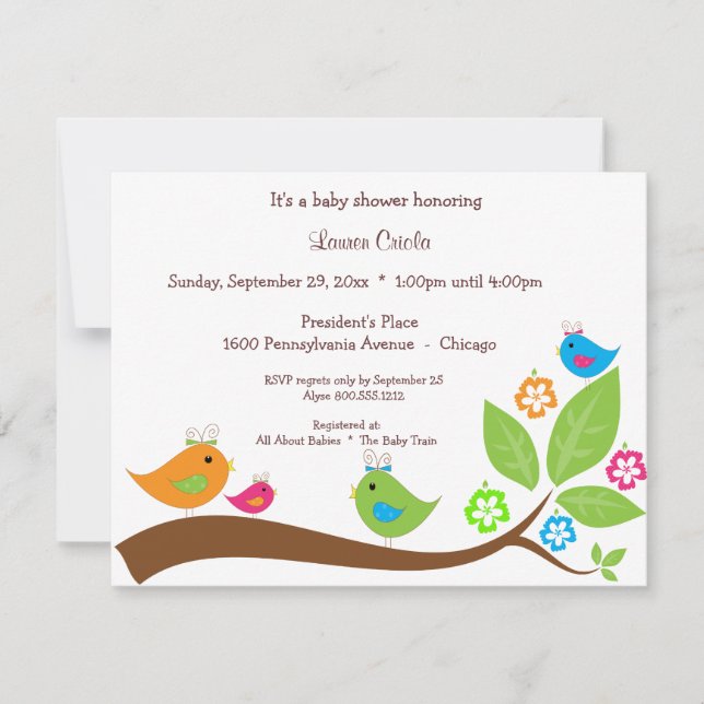 Four Birdies And Flowers Baby Shower Invitation (Front)