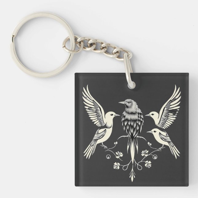 Four Birds on a Branch Illustration Key Ring (Front)