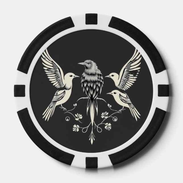 Four Birds on a Branch Illustration Poker Chips (Front)