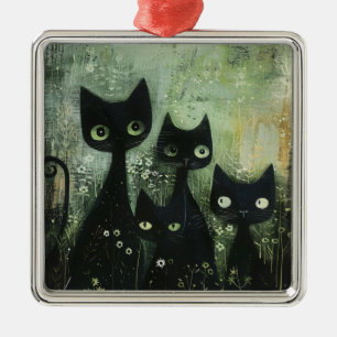 Four Black Cats with Daisies on Mixed Grey Metal Tree Decoration