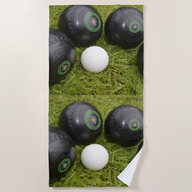 Four Black Lawn Bowls And Jack, Beach Towel (Front)