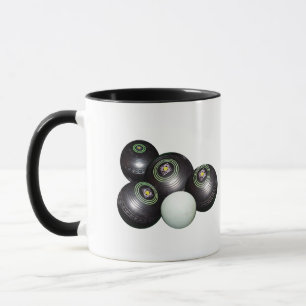 Four Black Lawn Bowls And Kitty, Mug