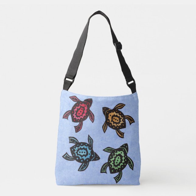 Four Black Turtles Abstract Colored Shells on Blue Crossbody Bag (Front)