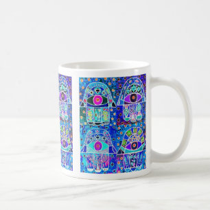Four Blue Hamsa Vintage Tapastry Judaica Coffee Mug