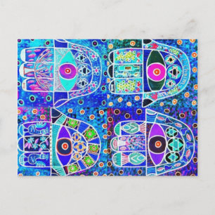 Four Blue Hamsa Vintage Tapastry Judaica Postcard