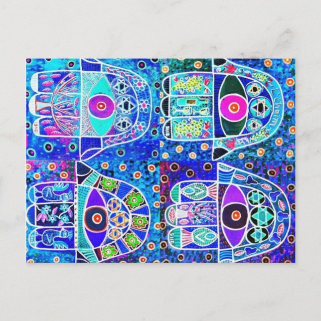 Four Blue Hamsa Vintage Tapastry Judaica Postcard (Front)