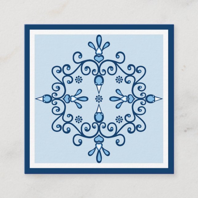 Four blue love birds folk art and blue border square business card (Front)