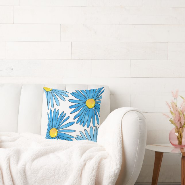 Four Blue Pen and Watercolor Aster Flowers Cushion (Couch)