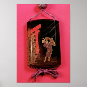 Four case inro depicting a man sheltering poster