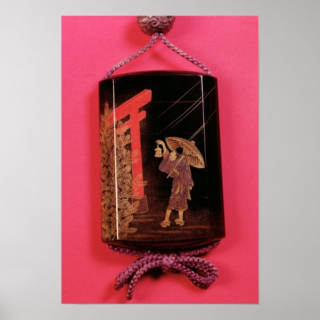 Four case inro depicting a man sheltering poster (Front)