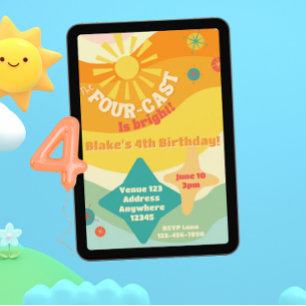 Four-Cast is Bright, Colourful Sun Birthday Invitation