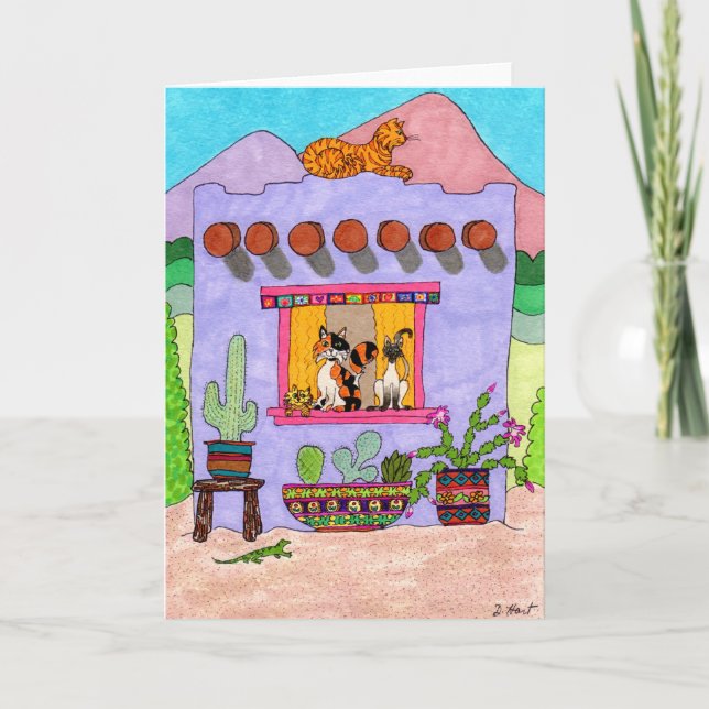 Four Cats at a Purple Adobe House Card (Front)