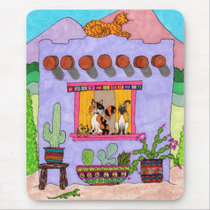 Four Cats at a Purple Adobe House Mouse Mat