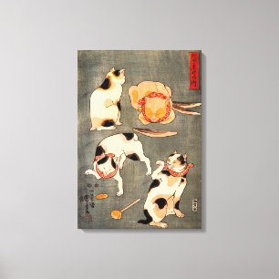 Four Cats in Different Poses Illustrating Japanese Canvas Print