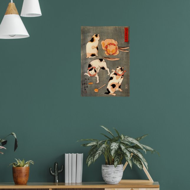Four Cats in Different Poses Illustrating Japanese Poster (Living Room 1)