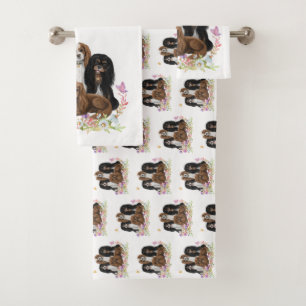 Four Cavalier King Charles Spaniels in Flowers Bath Towel Set
