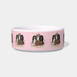 Four Cavalier King Charles Spaniels in Flowers Bowl