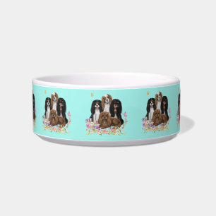 Four Cavalier King Charles Spaniels in Flowers Bowl
