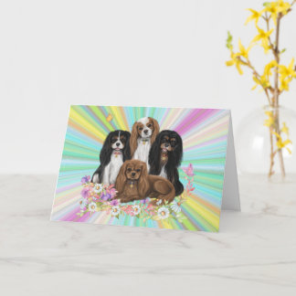 Four Cavalier King Charles Spaniels in Flowers Card