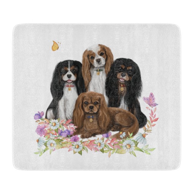 Four Cavalier King Charles Spaniels in Flowers   Cutting Board (Front)