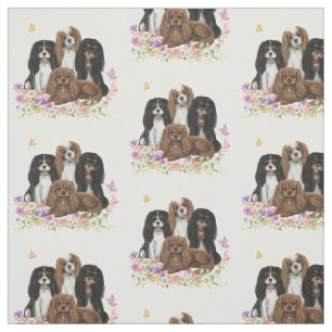 Four Cavalier King Charles Spaniels in Flowers  Fabric