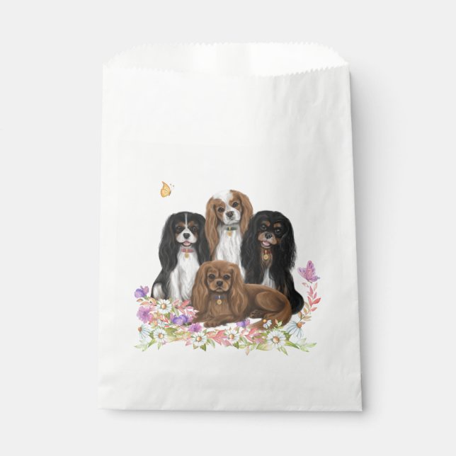 Four Cavalier King Charles Spaniels in Flowers     Favour Bags (Front)