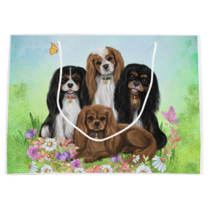 Four Cavalier King Charles Spaniels in Flowers Large Gift Bag