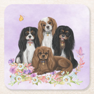 Four Cavalier King Charles Spaniels in Flowers Square Paper Coaster
