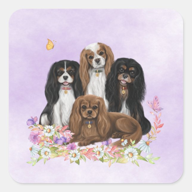 Four Cavalier King Charles Spaniels in Flowers  Square Sticker (Front)