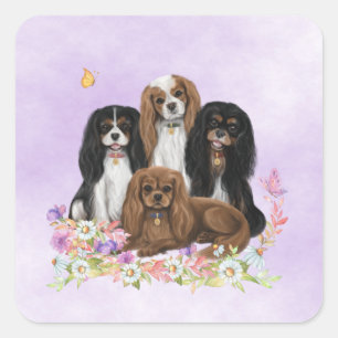 Four Cavalier King Charles Spaniels in Flowers Square Sticker