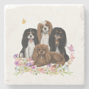 Four Cavalier King Charles Spaniels in Flowers Stone Coaster