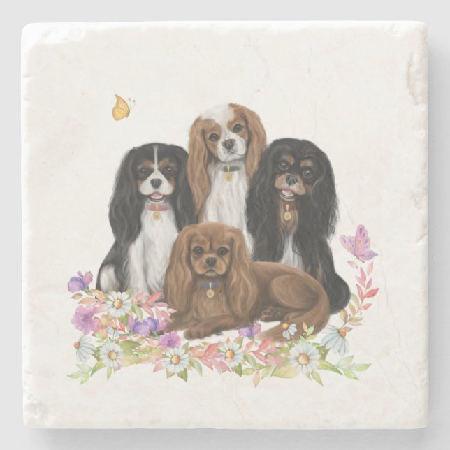 Four Cavalier King Charles Spaniels in Flowers    Stone Coaster (Front)