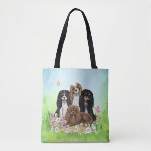 Four Cavalier King Charles Spaniels in Flowers Tote Bag