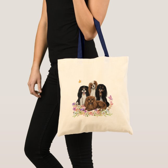 Four Cavalier King Charles Spaniels in Flowers    Tote Bag (Front (Product))