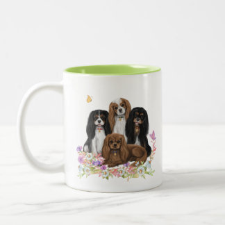 Four Cavalier King Charles Spaniels in Flowers Two-Tone Coffee Mug