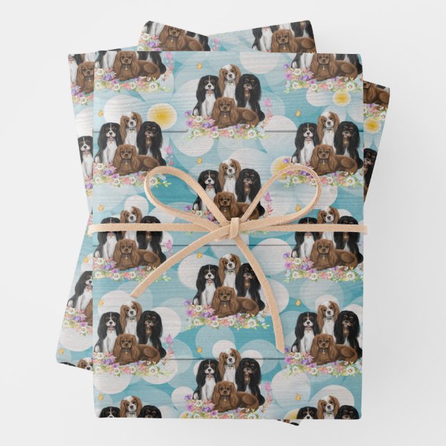 Four Cavalier King Charles Spaniels in Flowers  Wrapping Paper Sheet (In situ)