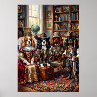 Four Cavalier Spaniels Costume Portrait Poster