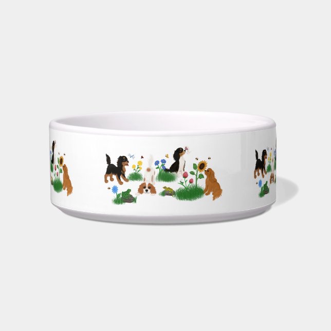 Four Cavalier Spaniels in a Field of Flowers  Bowl (Front)