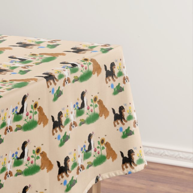 Four Cavalier Spaniels in a Field of Flowers   Tablecloth (In Situ)