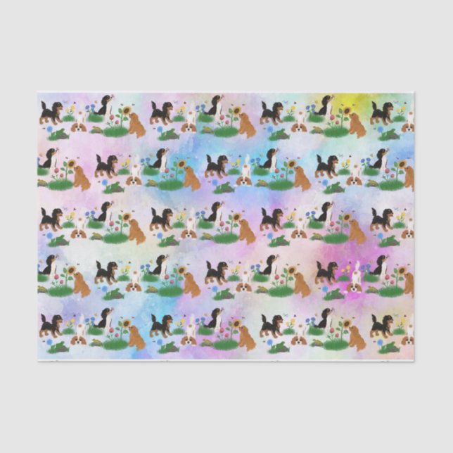 Four Cavalier Spaniels in a Field of Flowers  Tissue Paper (Front)