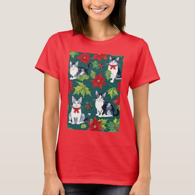 Four Christmas Cats And Poinsettias T-Shirt (Front)