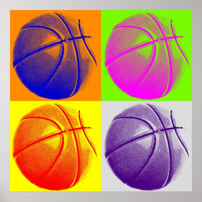 Four Colour Pop Art Basketball Retro Style Poster (Front)