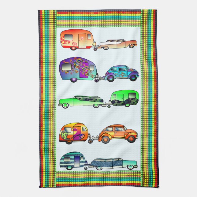 Four Colourful Caravans Dish Towels (Vertical)